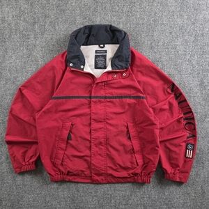 ​NAUTICA VINTAGE 100% NYLON WINDBREAKER RED NAVY STRIPE BOXY M MOCK NECK